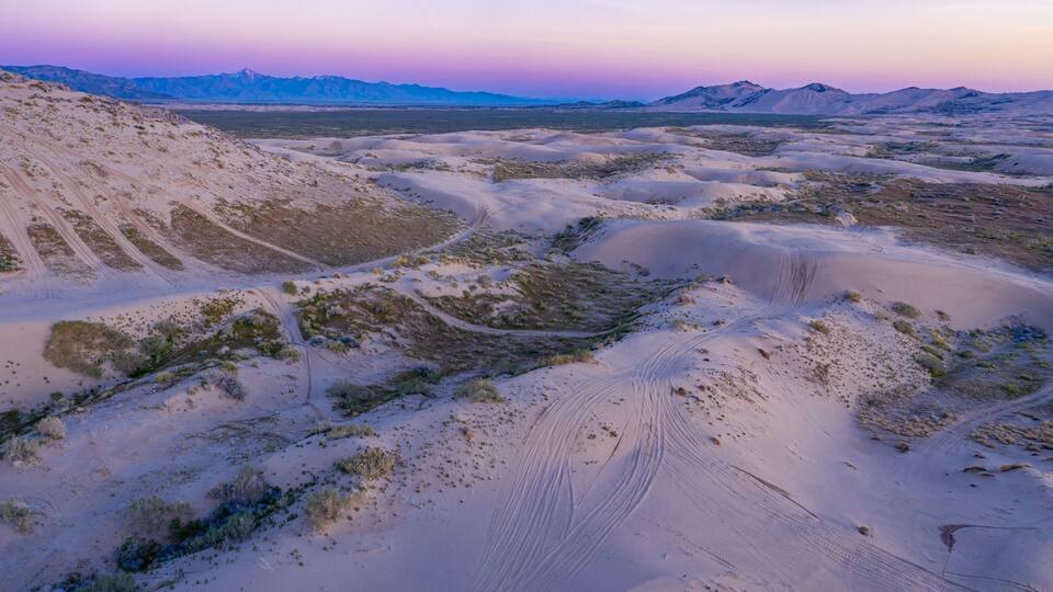 A vast desert landscape with sand dunes and sparse vegetation.