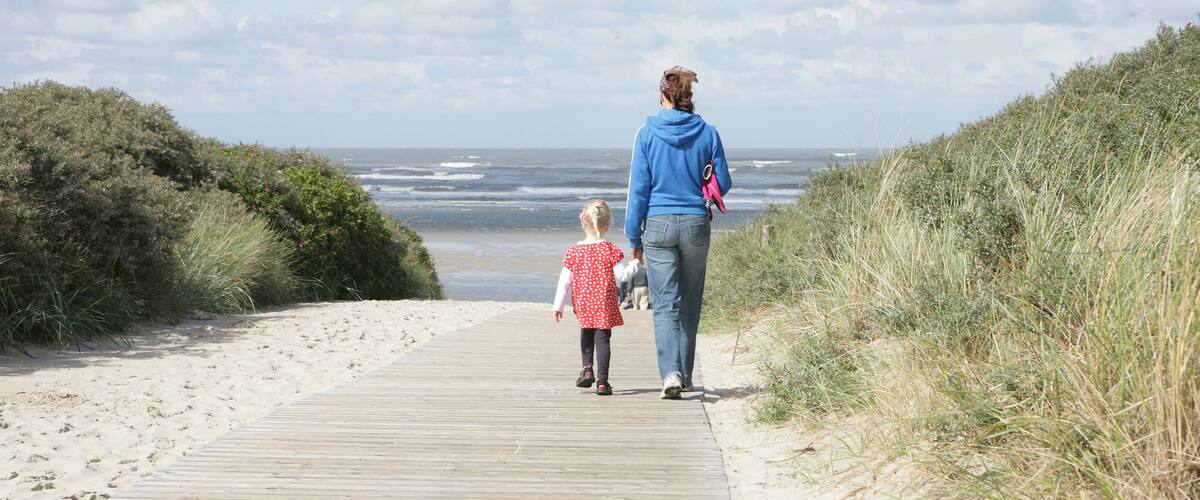 A wooden boardwalk leading to a beach with dunes on either side.