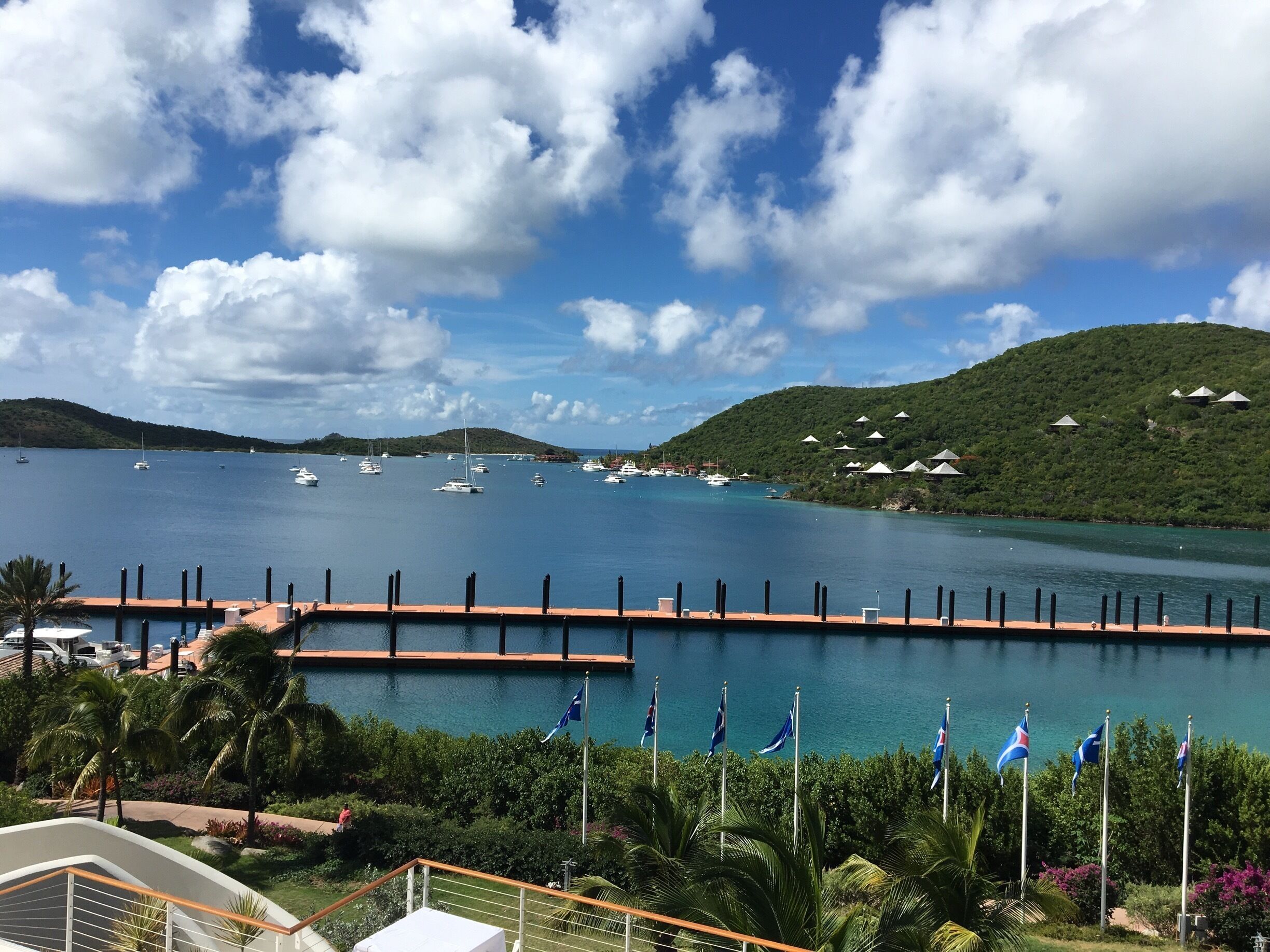 A marina with boats, a dock, and flags.