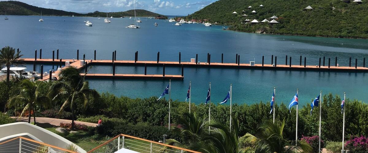 A marina with boats, a dock, and flags.