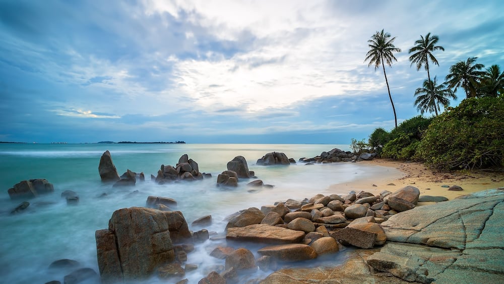 Ein Strand mit großen Felsen, ruhigem Wasser und Palmen unter einem bewölkten Himmel.