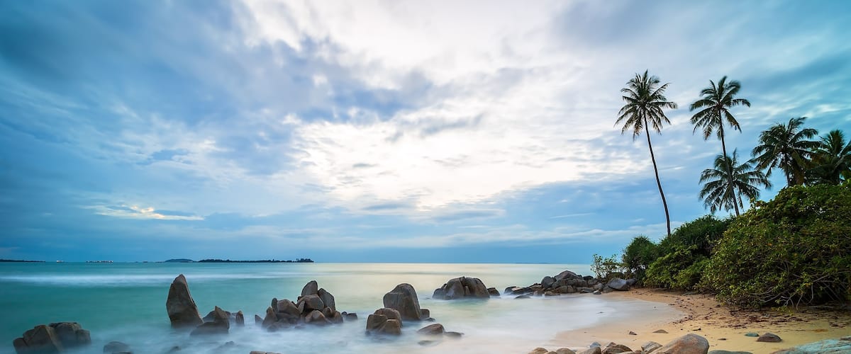 Una playa con rocas grandes, agua tranquila y palmeras bajo un cielo nublado.