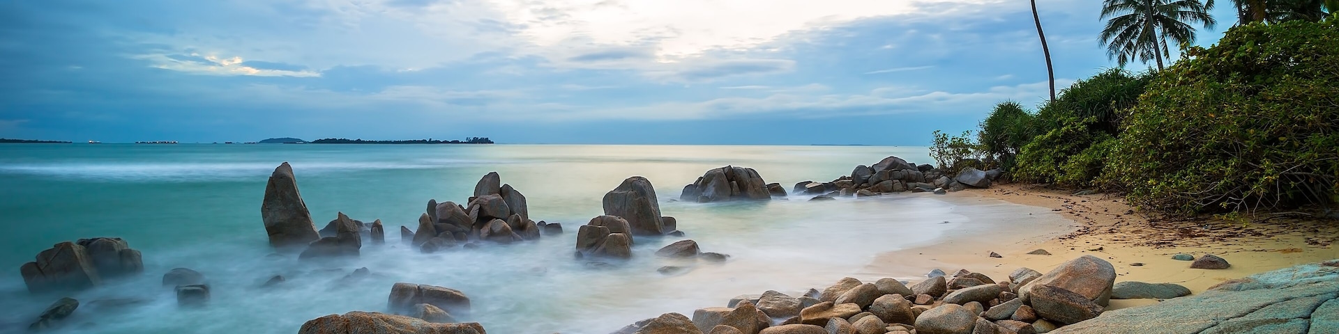 Una playa con rocas grandes, agua tranquila y palmeras bajo un cielo nublado.