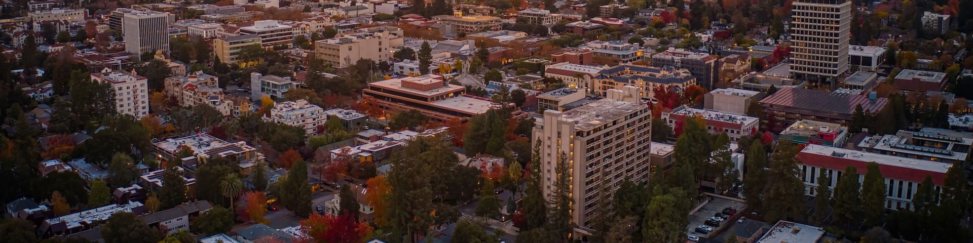 A cityscape with autumn foliage, a prominent building, and a sunset sky.
