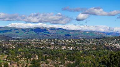 Panoramic view of snow mountains and citrus trees and Santa Rosa Valley and homes Ventura California during winter snow storms
