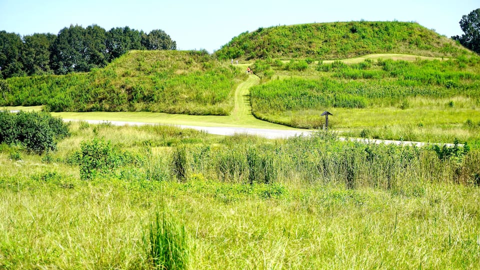 Ocmulgee Mounds National Historical Park in Macon, Georgia, preserves earthworks built before 1000 CE by the South Appalachian Mississippian culture. Great Temple Mound, Lesser Temple Mound and trail