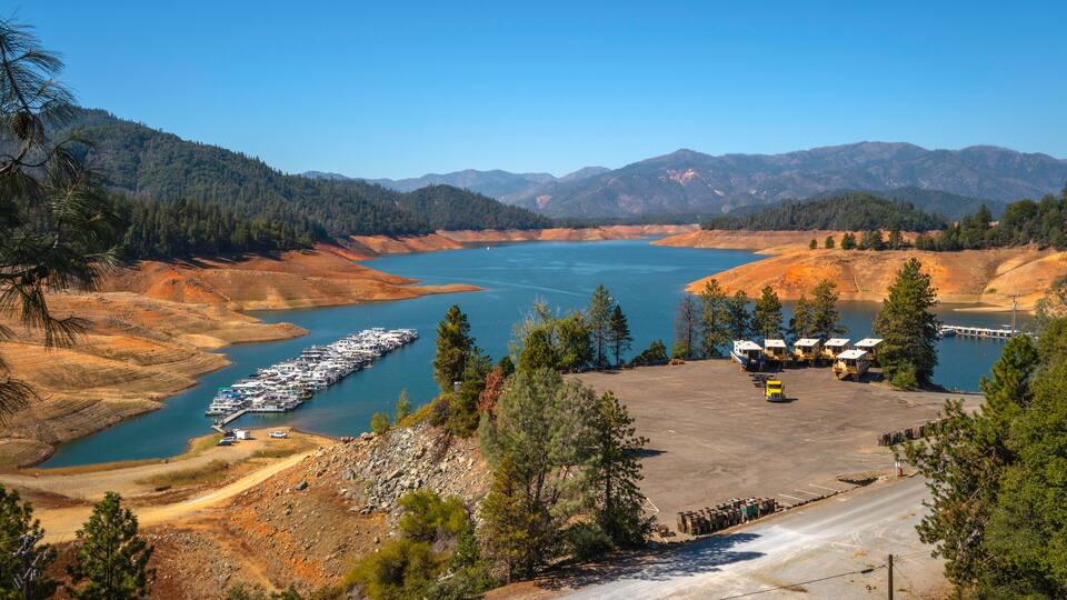 Shasta Lake in the Sacramento River, Northern California, United States, boat ramp and drying dam water