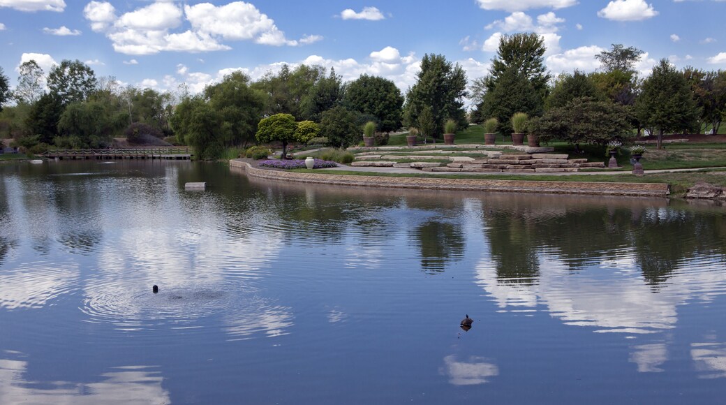 Calm waters in a large pond at the Overland Park (Kansas) Arboretum reflects fair weather cumulus clouds against a blue sky.