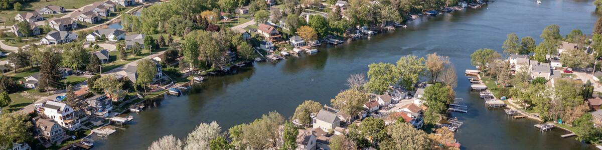 Oconomowoc, WI USA - May 17, 2021: Aerial view of Okauchee Lake area