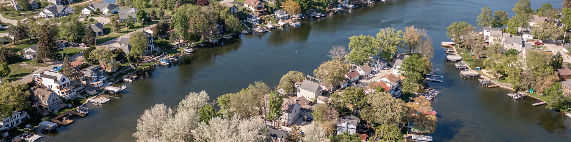 Oconomowoc, WI USA - May 17, 2021: Aerial view of Okauchee Lake area