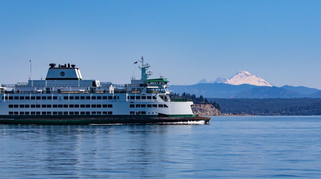 Washington State Ferry on Clinton-Mukilteo Route Passes Mount Baker and South Tip of Hat Island