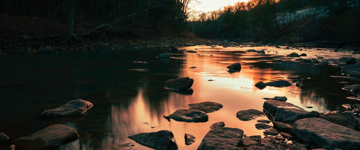 A river with rocks and trees at sunset.