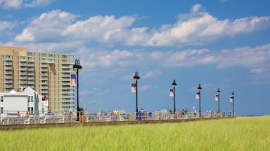 Un paseo marítimo con banderas estadounidenses, un paseo y un edificio de gran altura.