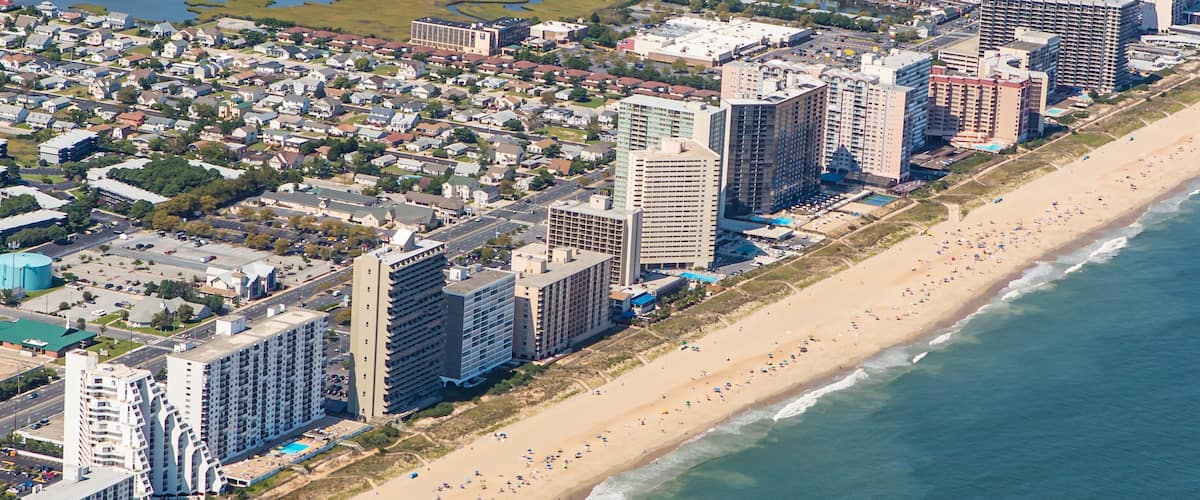 Aerial view of town of Ocean City Maryland, USA, United States, North America
