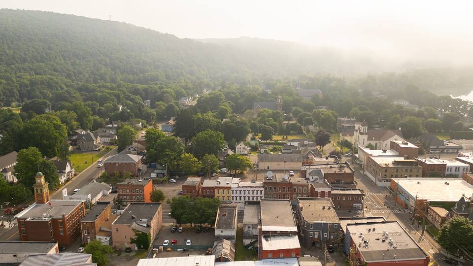 Foggy morning in a small town