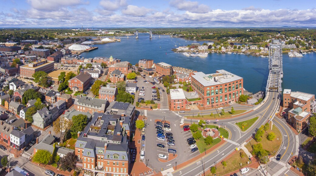 Portsmouth historic city center and Waterfront of Piscataqua River with Memorial Bridge aerial view, New Hampshire, NH, USA.