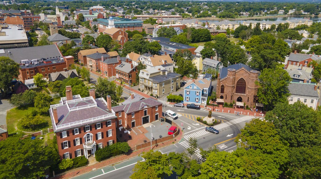 Aerial view of Salem historic city center including Salem Witch Museum in city of Salem, Massachusetts MA, USA.