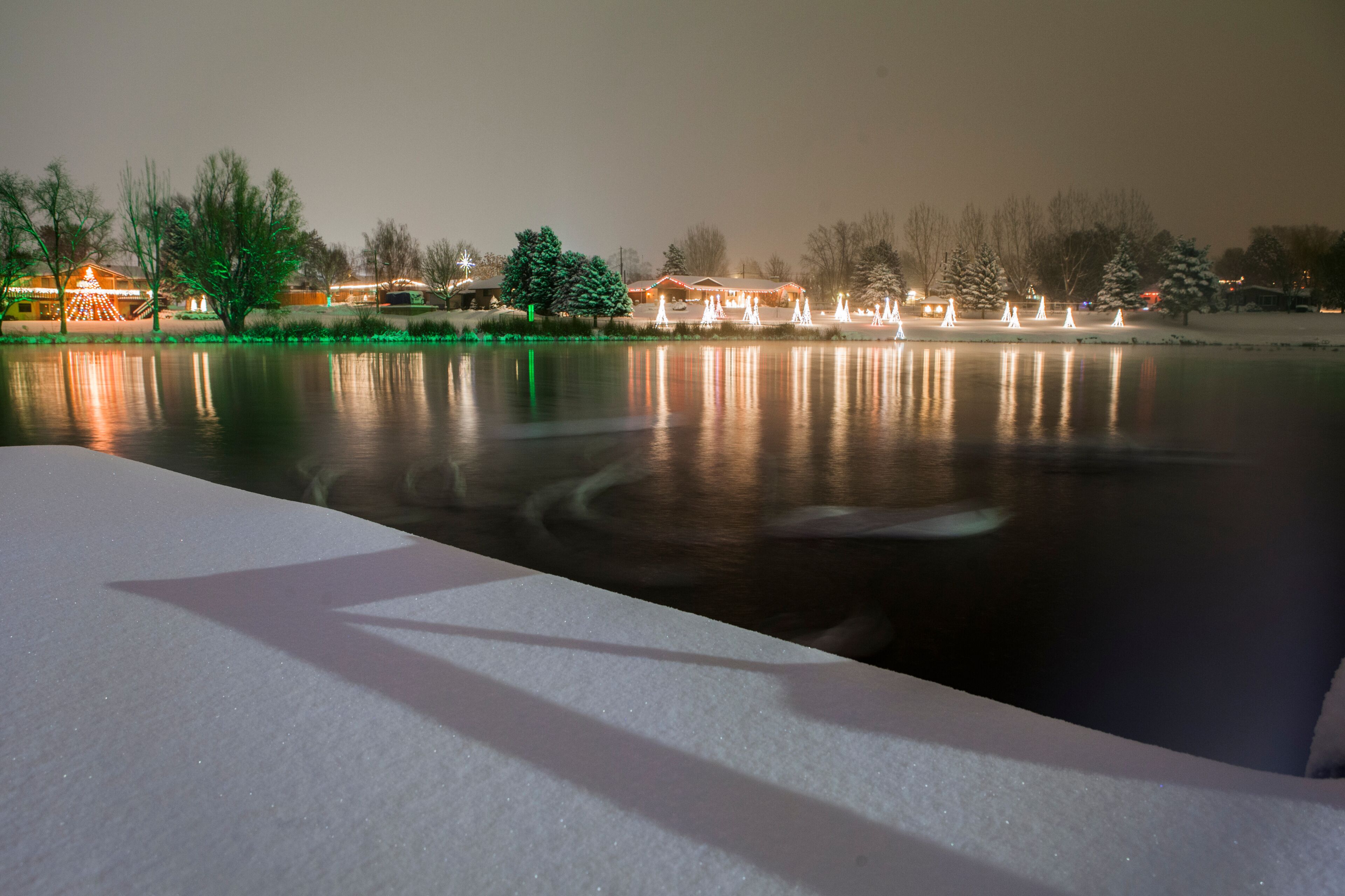 Christmas Lights over fresh snow at Salem Pond