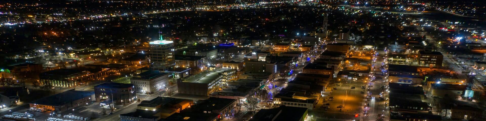 Aerial View of Christmas Lights in Grand Junction, Colorado at Dusk