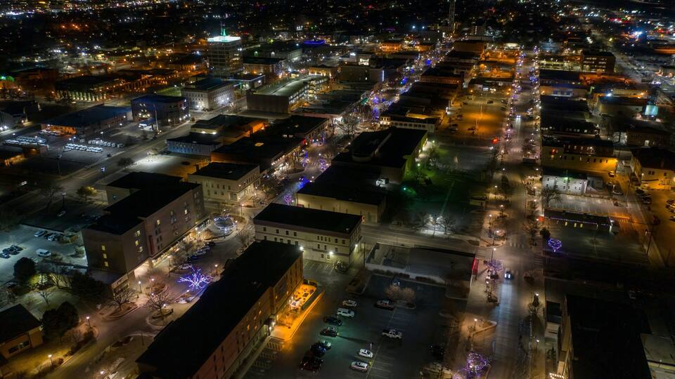 Aerial View of Christmas Lights in Grand Junction, Colorado at Dusk