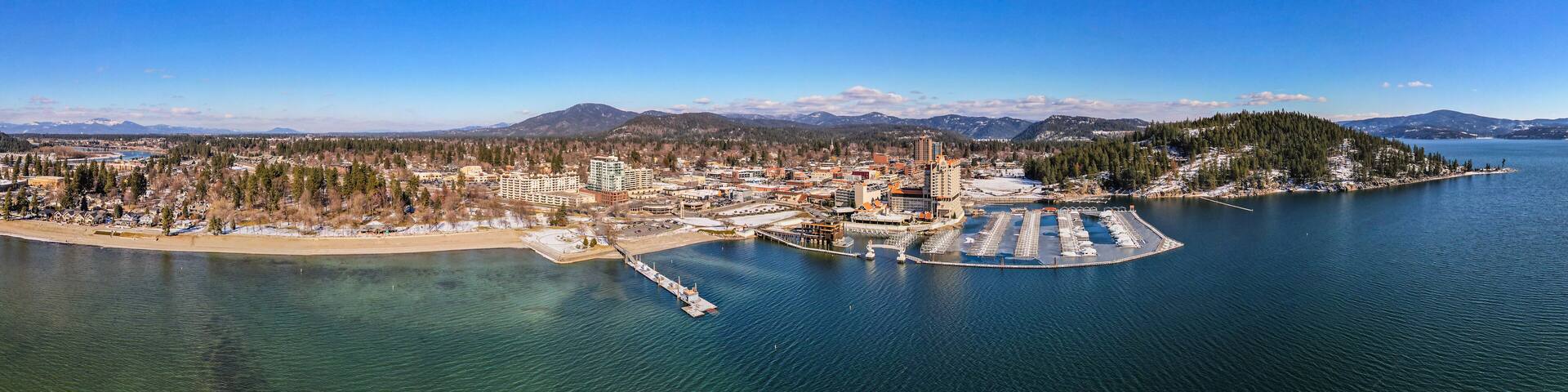 Panorama Cityscape View of Coeur d'Alene, ID and Lake Coeur d'Alene During Winter