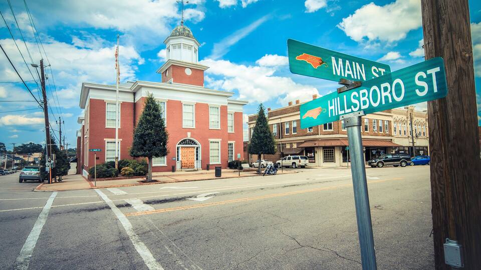 Main St and Hillsboro St intersection with a historic building in the background.