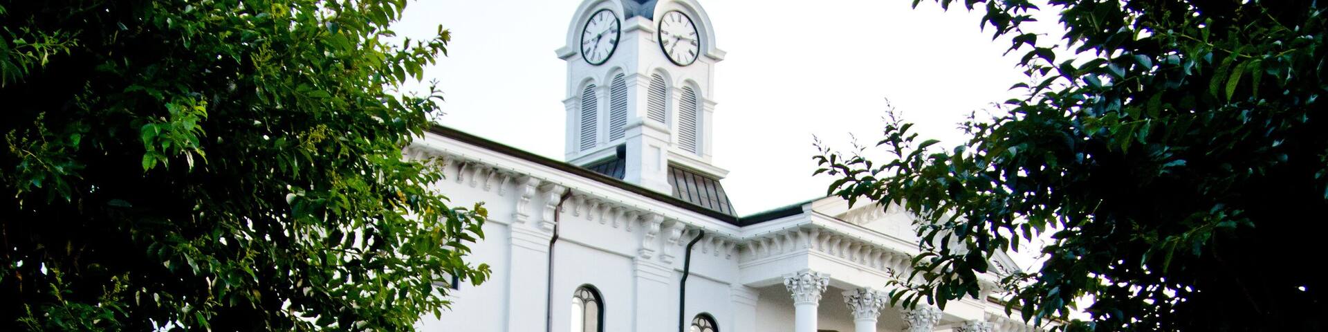 Courthouse in Town Square with Red Flowers