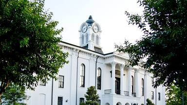 Courthouse in Town Square with Red Flowers