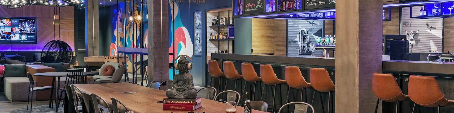 Cool hotel bar. Comfortable hotel with nice rooms and hostel vibes in the common areas. Located just outside city center with easy public transport access.