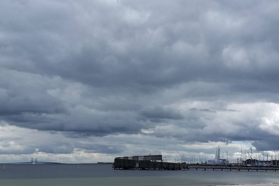 Et kystlandskab med en moler, der strækker sig ud i vandet, en sandstrand og en overskyet himmel.
