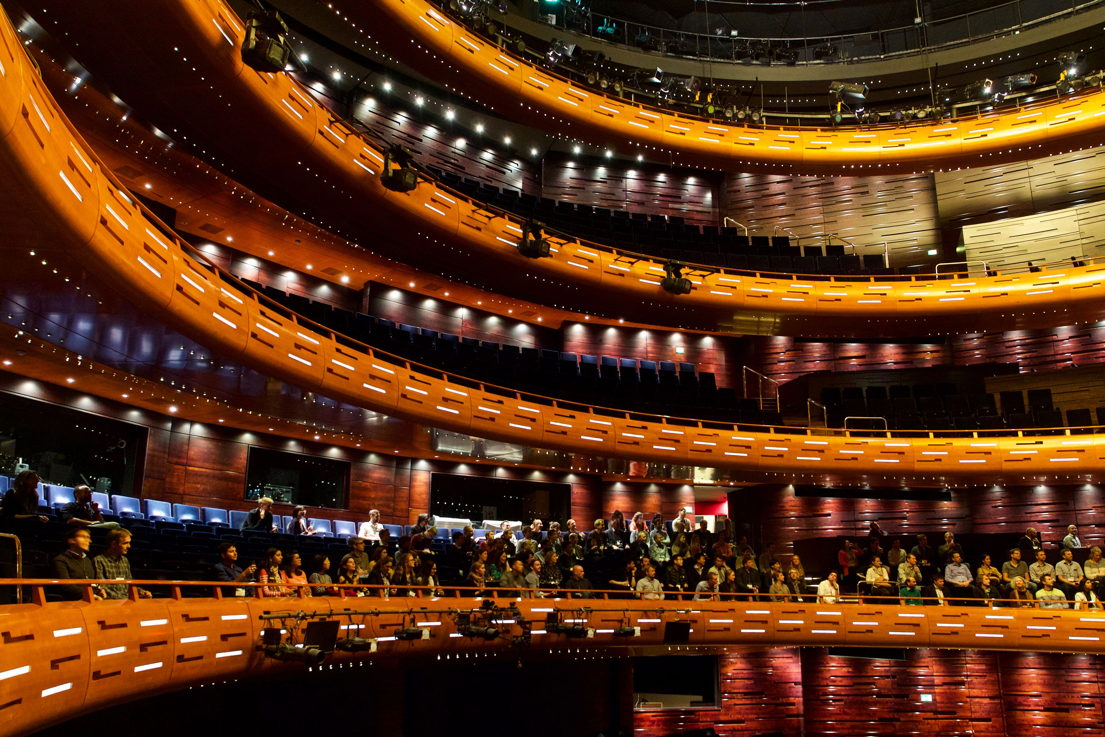 The beautiful wood-finished interior of the Copenhagen Opera House, Denmark.