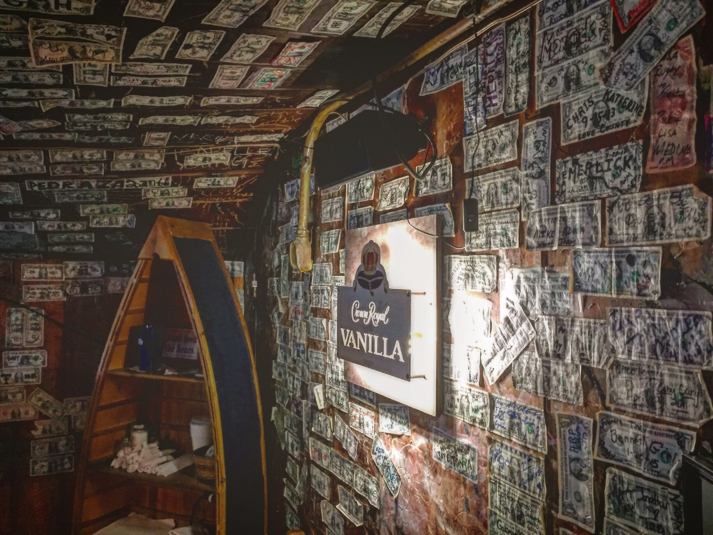 They make a great burger, and an awesome chicken fried steak here. The walls and ceilings are covered with $1 signed bills. Neat place!