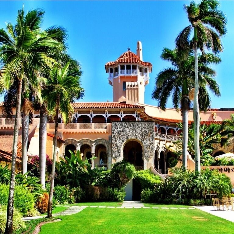 I was fortunate to be invited to spend some time at the Mar-A-Lago ("mahr-ah-lahgo") Club.
 Built in  1924-1927 by Marjorie Merriweather Post and designed by Joseph Urban. When she died in 1973 she willed the 17-acre estate to the U.S. Government as a retreat for Presidents and visiting foreign dignitaries. 
The Mar-A- Lago  Club is currently a  private club owned by Donald Trump. Trump paid $ 10 million for the estate in 1985. After acquiring the property in 1985, Trump had the property extensively renovated, with 58 bedrooms, 33 bathrooms, 12 fireplaces ( because it gets so cold in Florida ), and three bomb shelters,, because....?.  The  estate also has five clay and one grass tennis court with a waterfront pool  and a  20,000-square-foot ballroom. The name Mar-A-Lago is Spanish for "Sea to Lake".
On  April 18, 2012, the AIA's Florida Chapter ranked Mar-A-Lago fifth on its list of Florida Architecture: 100 Years.