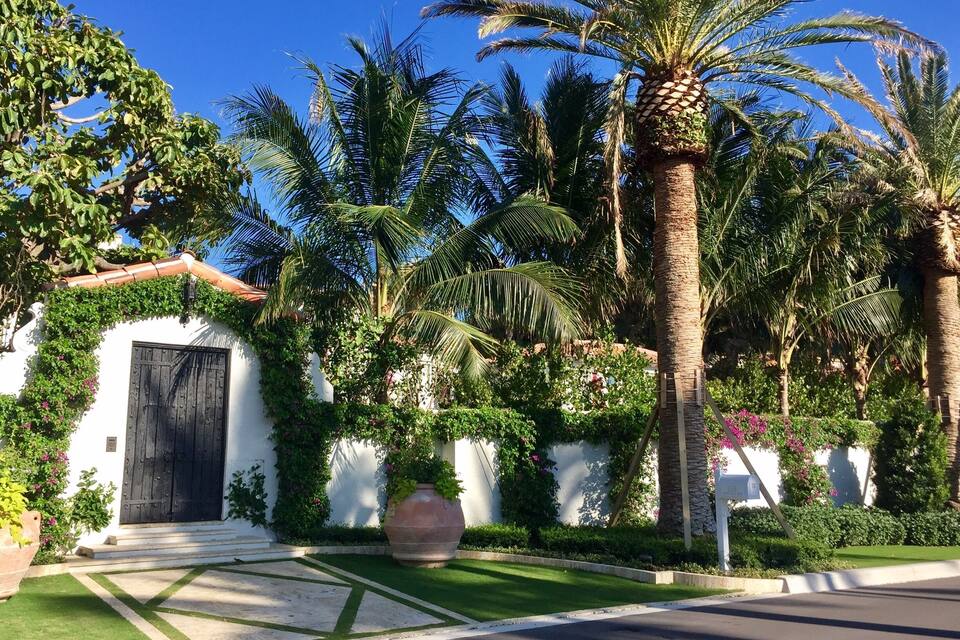 A white house with a black door, surrounded by lush greenery and palm trees.
