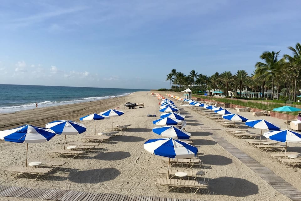 A beach with rows of blue and white umbrellas and sun loungers.