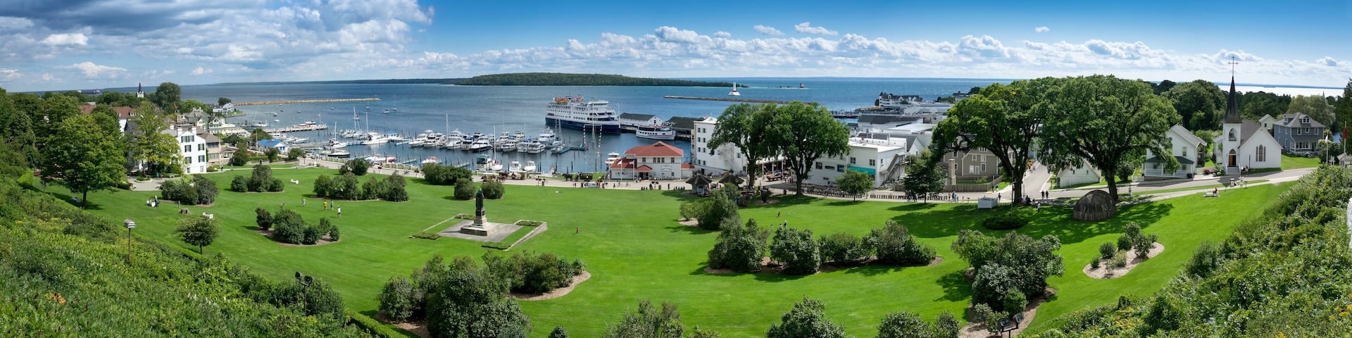 Beautiful Panoramic Scene of Mackinac Island Michigan and State Harbor Marina