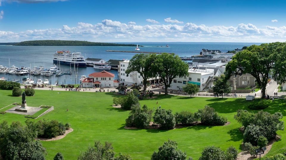 Beautiful Panoramic Scene of Mackinac Island Michigan and State Harbor Marina