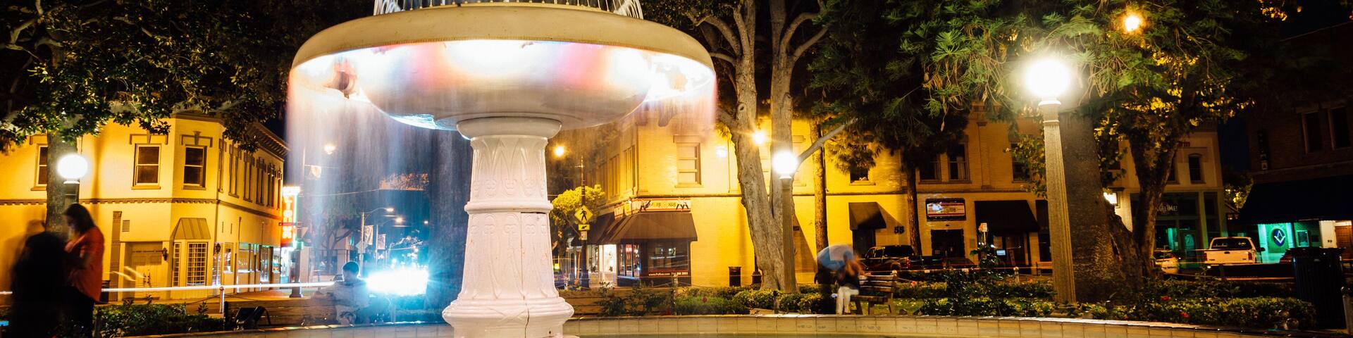 Fountain at Orange Circle at night, in Orange, California.