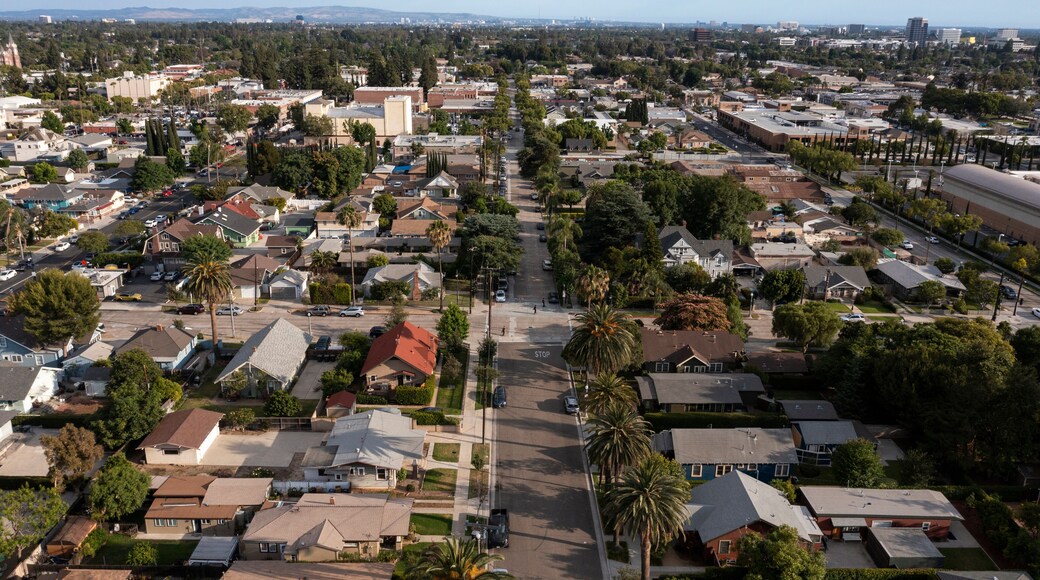 Daytime aerial view of the historic skyline of the city of Orange, California, USA.
