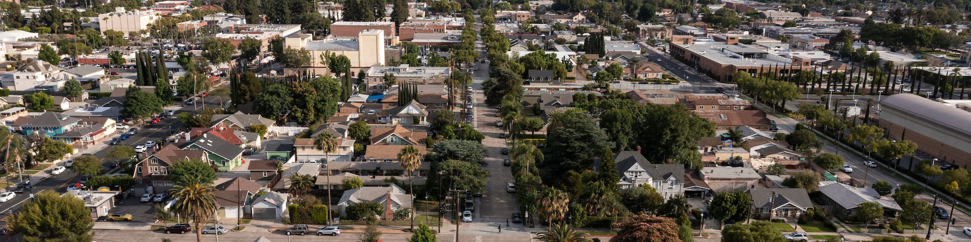 Daytime aerial view of the historic skyline of the city of Orange, California, USA.