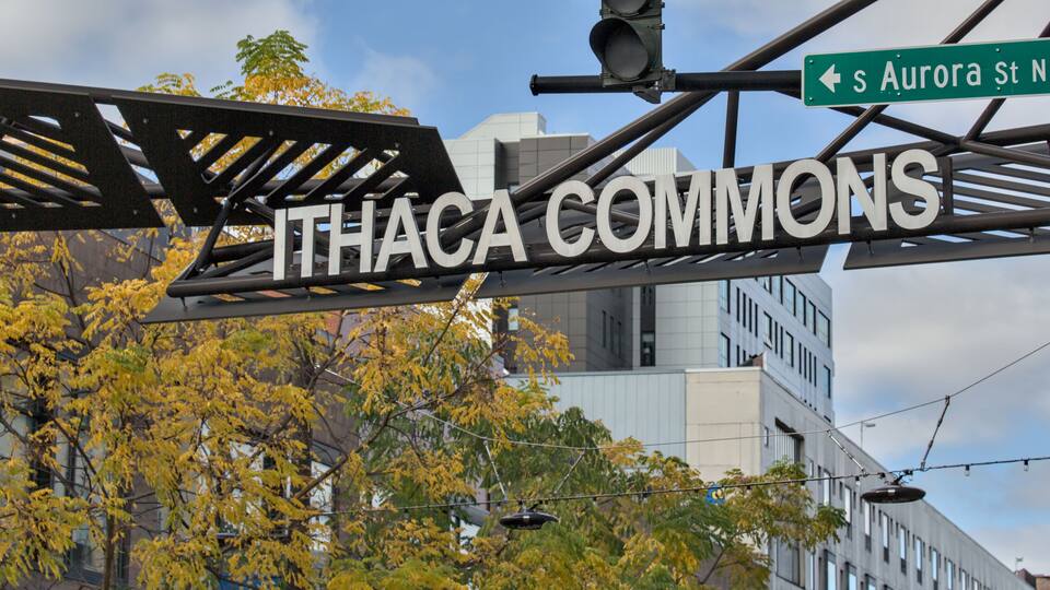 ithaca commons sign at entrance to public pedestrian path downtown (finger lakes upstate new york) urban infrastructure, public space, walking biking, no cars, shops, restaurants