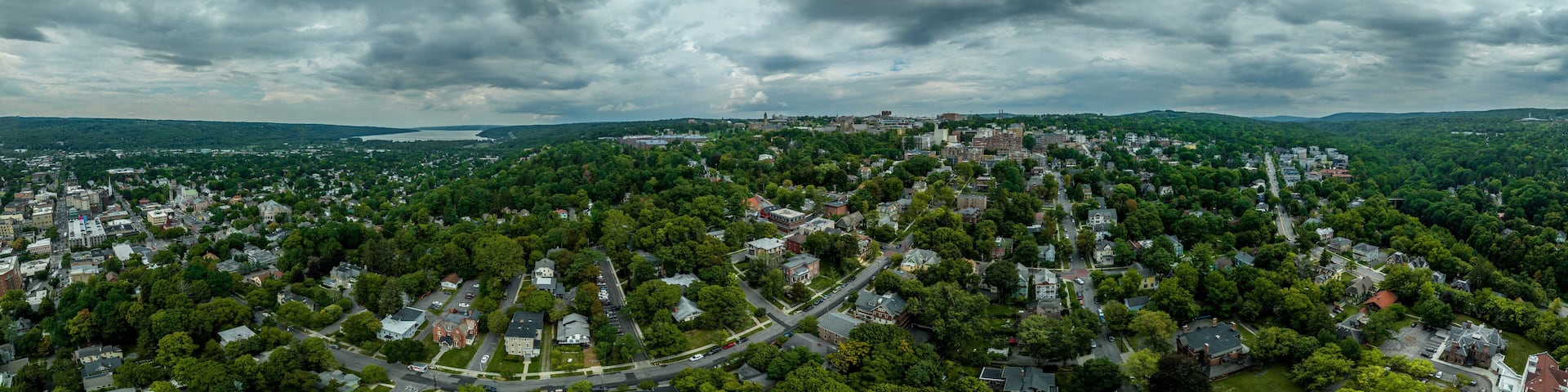 Aerial panorama of Ithaca New York with Cornell in the background