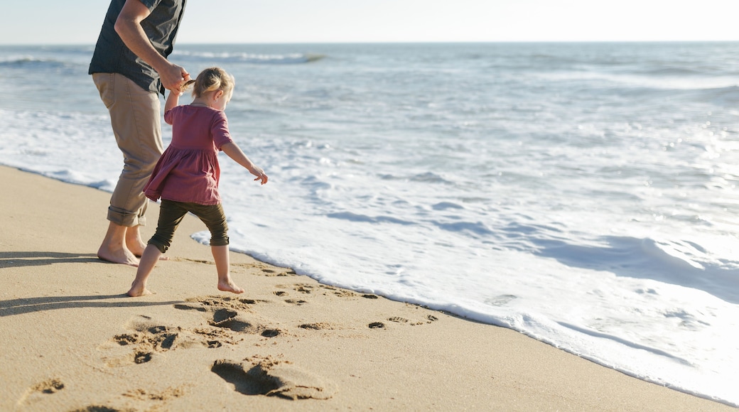 father and daughter playing on the beach