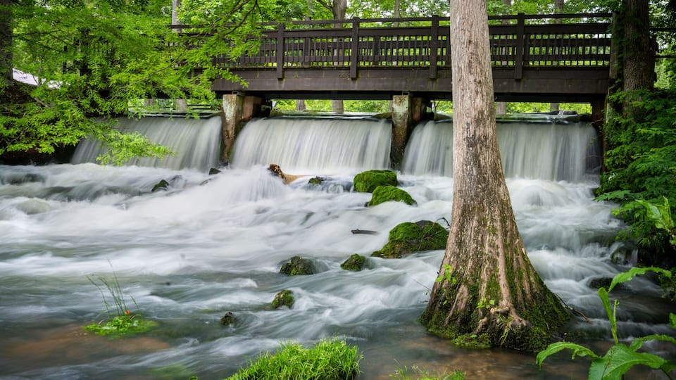 A wooden bridge over a flowing river with moss-covered rocks and lush greenery.