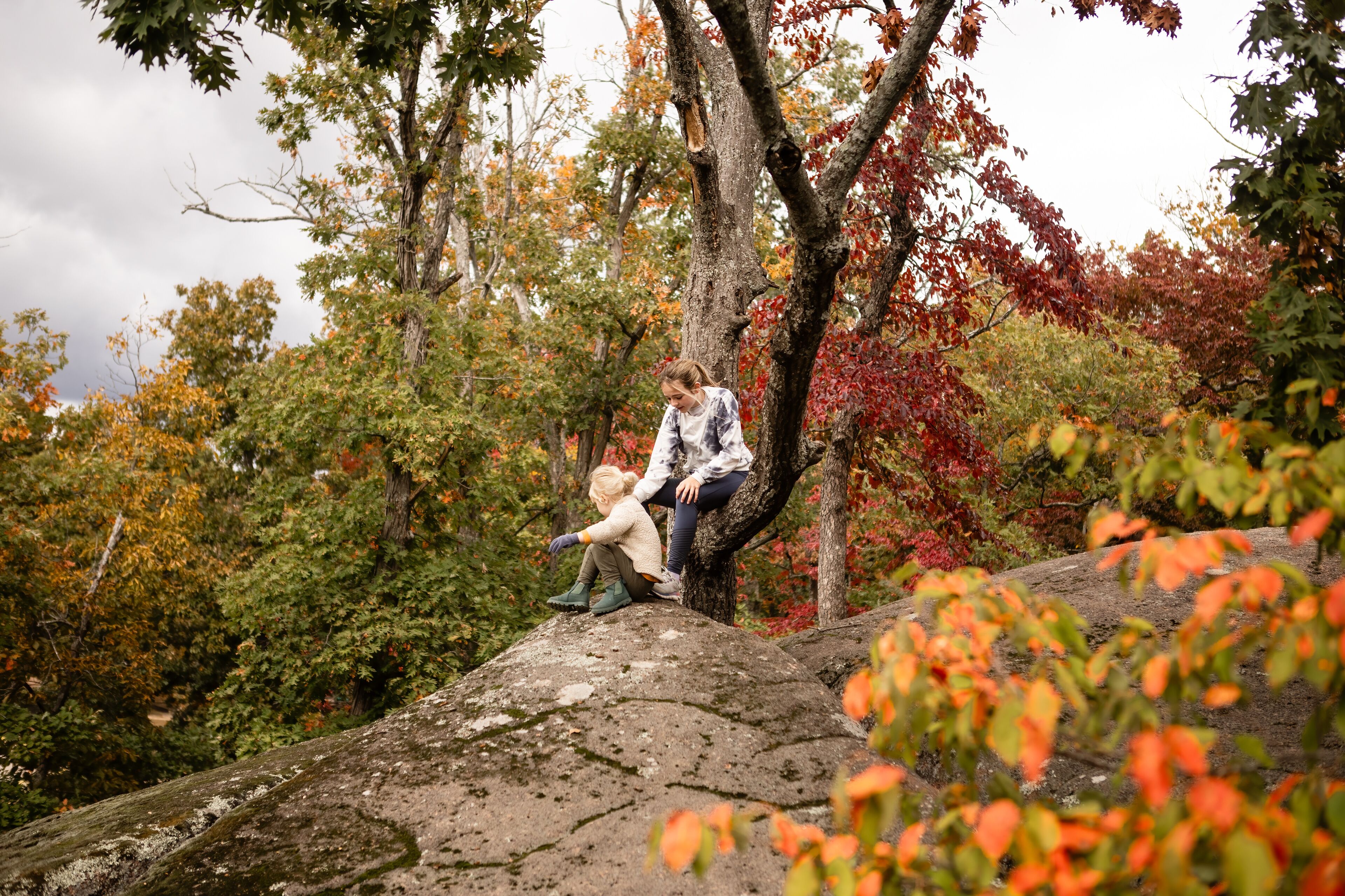 Children on a fall hike in scenic St Francois Mountains of Missouri