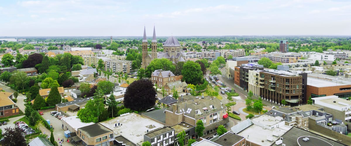 A cityscape with a prominent church with twin spires, surrounded by residential and commercial buildings, under a clear sky.