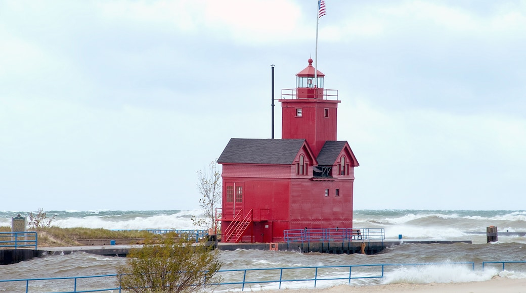 Holland Michigan Big Red lighthouse with high water level and waves