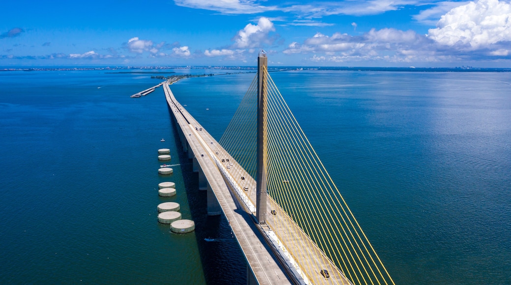 Sunshine Skyway bridge drone view looking north towards Pinellas county