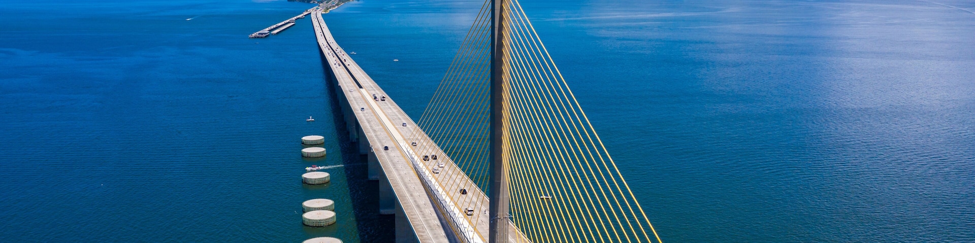 Sunshine Skyway bridge drone view looking north towards Pinellas county