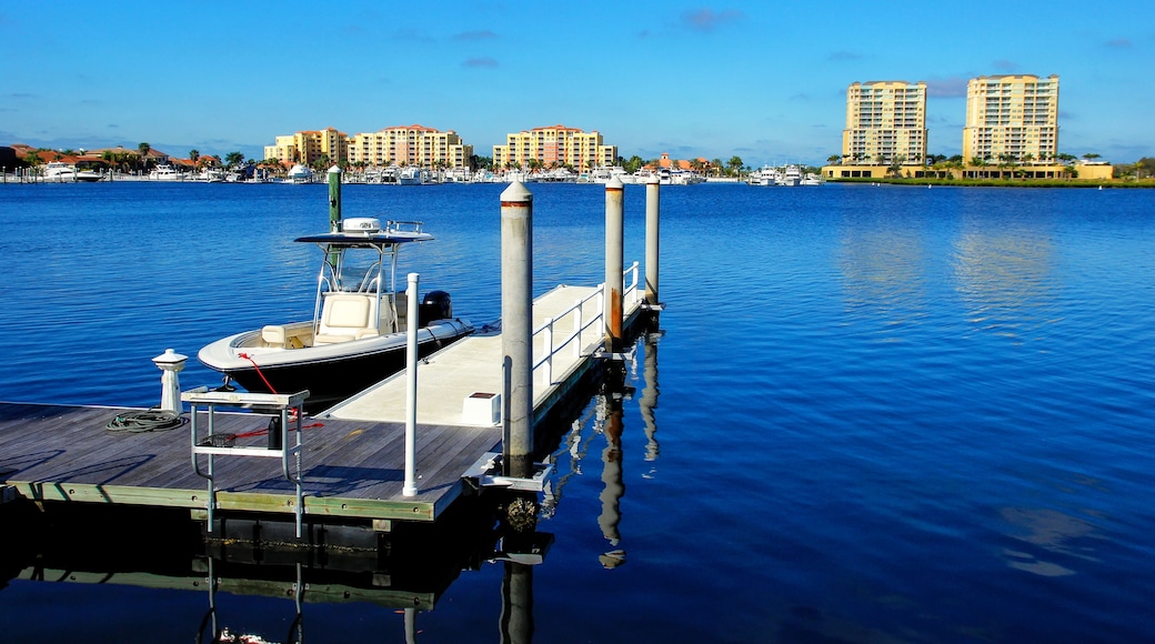 Dock with a motorboat in Palmetto, Florida; Shutterstock ID 545262166